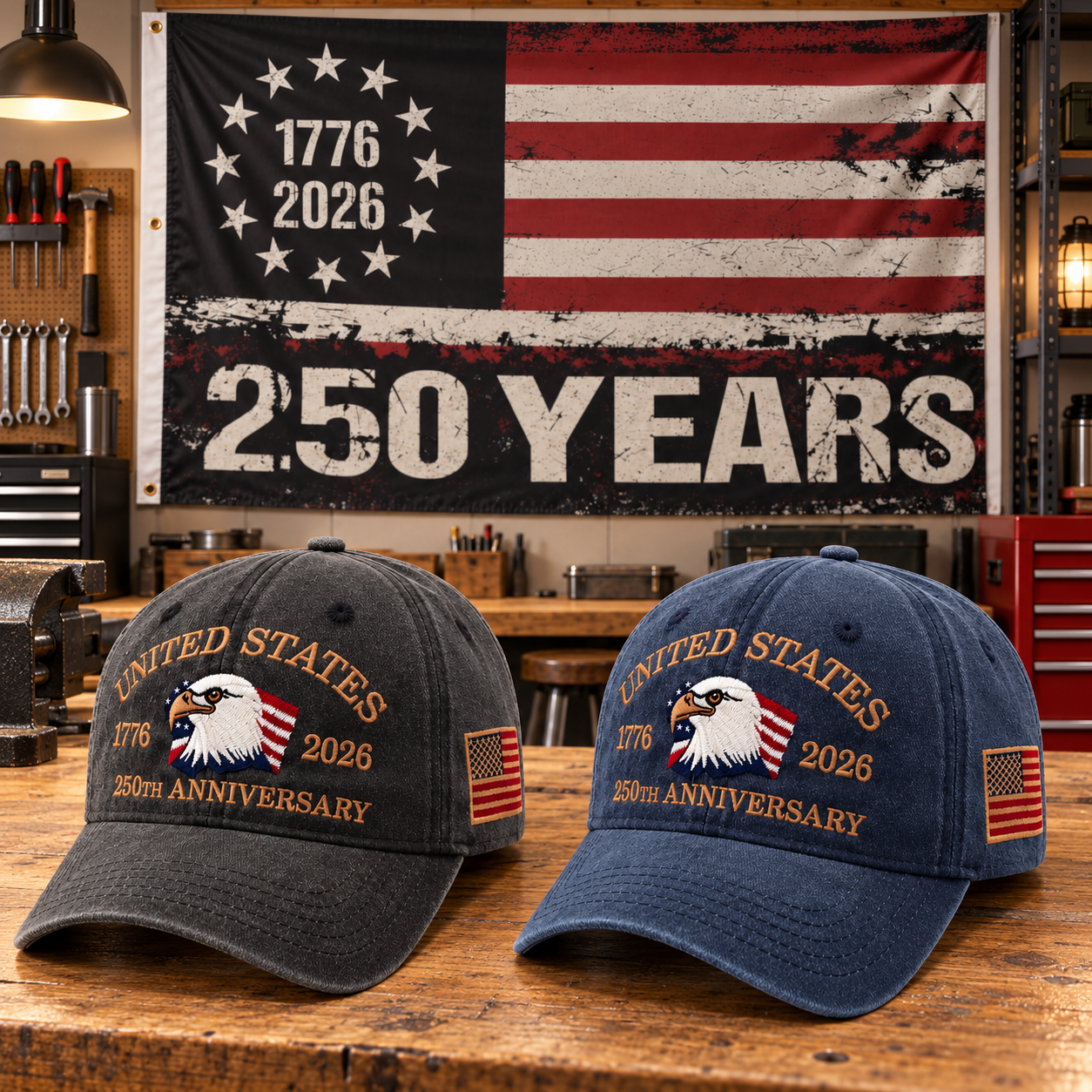 250th Anniversary Eagle Cap gift set lifestyle: Charcoal & Navy hats with HUGE 6x10 250 Years Distressed Flag