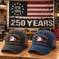 250th Anniversary Eagle Cap gift set lifestyle: Charcoal & Navy hats with HUGE 6x10 250 Years Distressed Flag