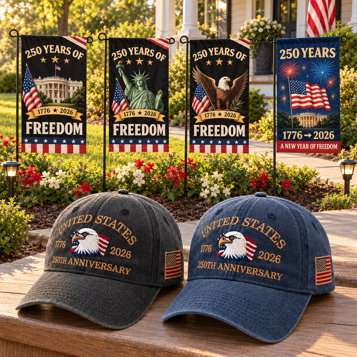 250th Anniversary Eagle Cap gift set lifestyle: Charcoal & Navy hats with 4 Garden Flags (250 Years of Freedom Set)