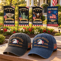 250th Anniversary Eagle Cap gift set lifestyle: Charcoal & Navy hats with 4 Garden Flags (250 Years of Freedom Set)