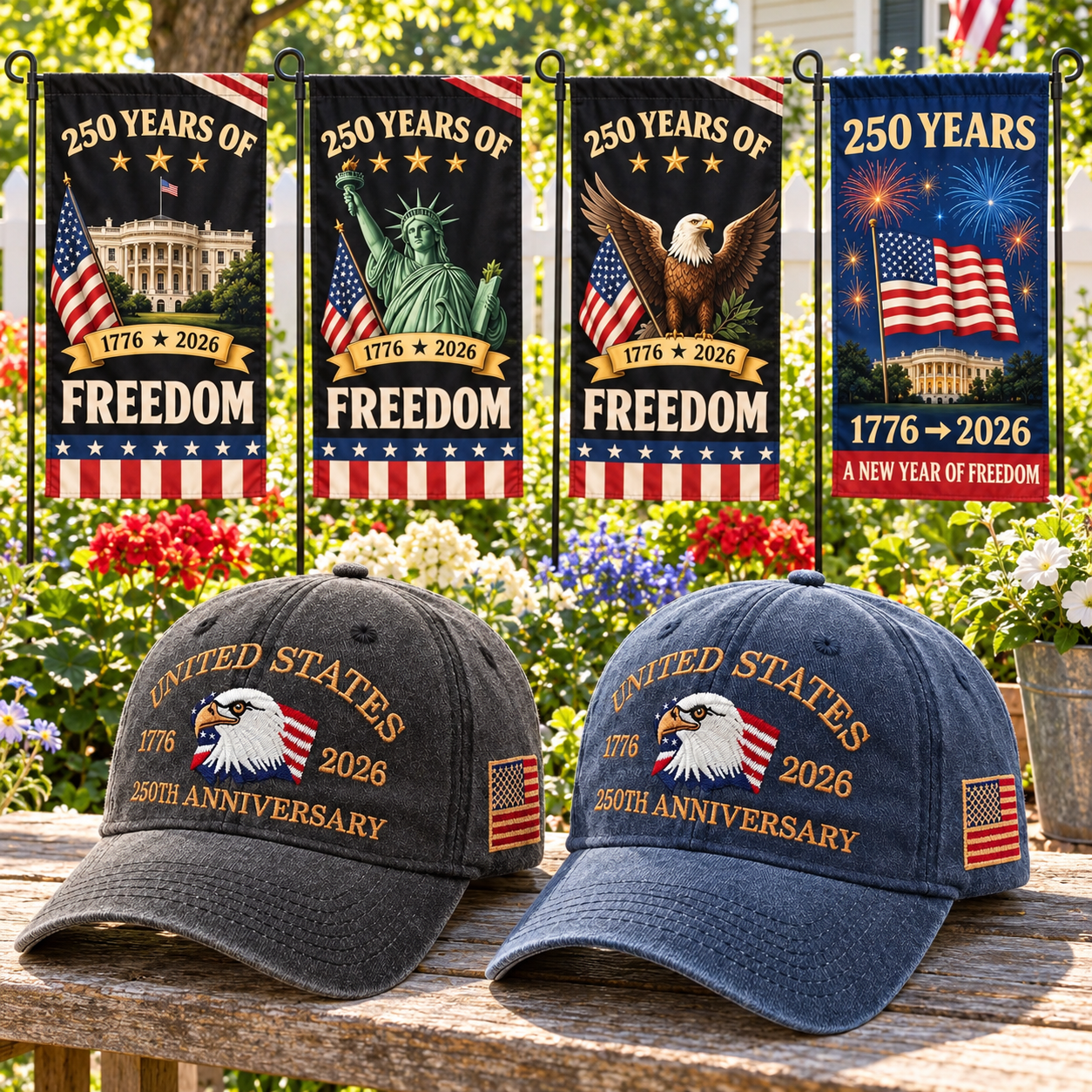 250th Anniversary Eagle Cap gift set lifestyle: Charcoal & Navy hats with 4 Garden Flags (250 Years of Freedom Set)