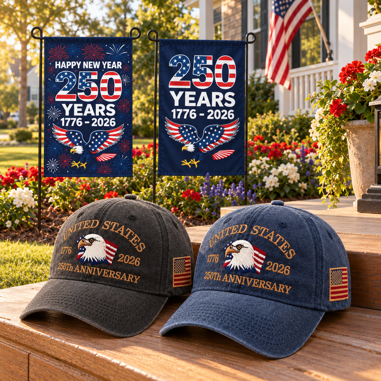 250th Anniversary Eagle Cap gift set lifestyle: Charcoal & Navy hats with 2 Garden Flags (250 Years Set)