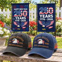 250th Anniversary Eagle Cap gift set lifestyle: Charcoal & Navy hats with 2 Garden Flags (250 Years Set)