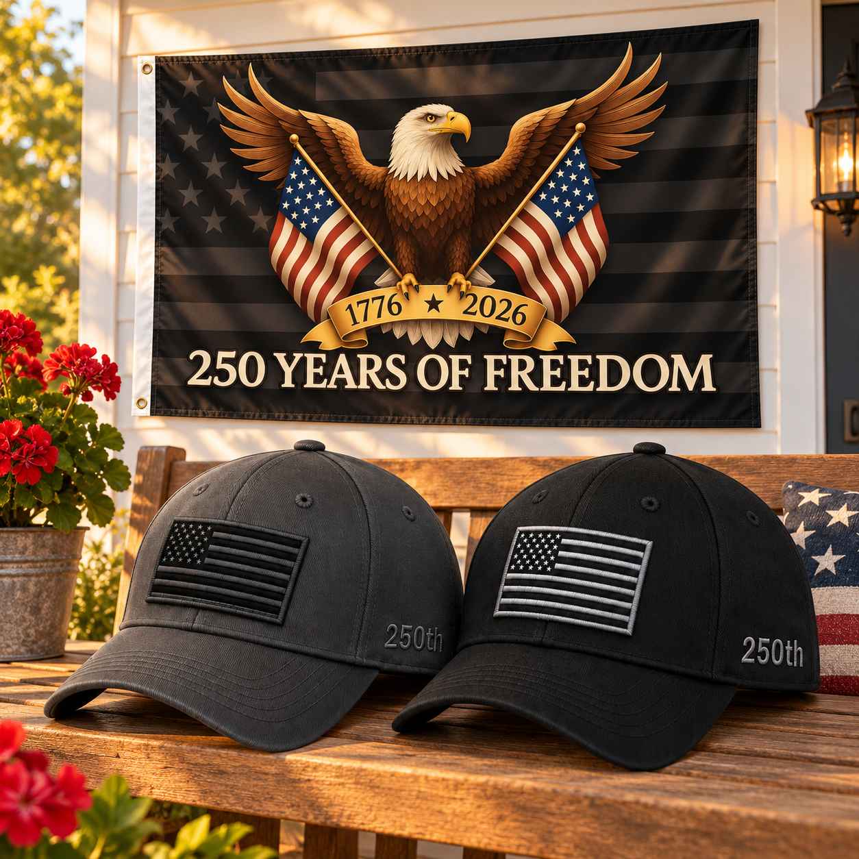 America 250th Flag Cap gift set lifestyle: Gray & Black hats with 3x5 Black Eagle 250 Years of Freedom Flag