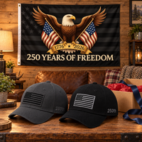 America 250th Flag Cap gift set lifestyle: Gray & Black hats with 3x5 Black Eagle 250 Years of Freedom Flag