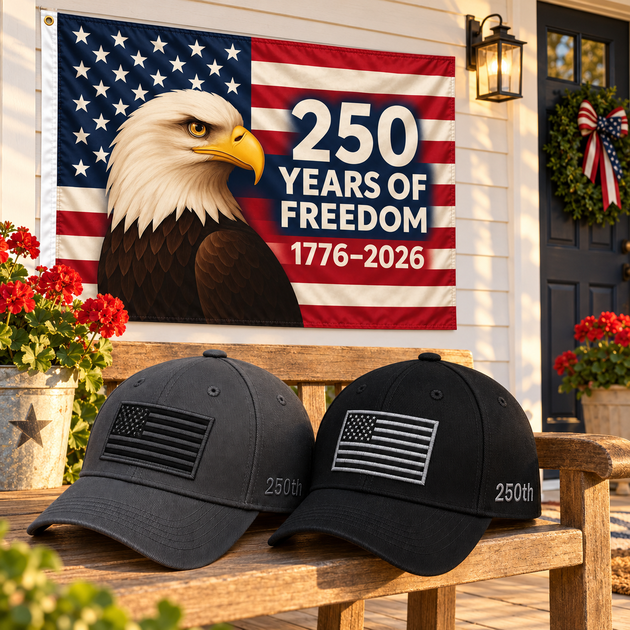 America 250th Flag Cap gift set lifestyle: Gray & Black hats with 3x5 Eagle 250 Years of Freedom Flag