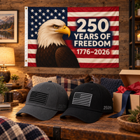 America 250th Flag Cap gift set lifestyle: Gray & Black hats with 3x5 Eagle 250 Years of Freedom Flag