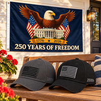 America 250th Flag Cap gift set lifestyle: Gray & Black hats with 3x5 Eagle & White House Flag