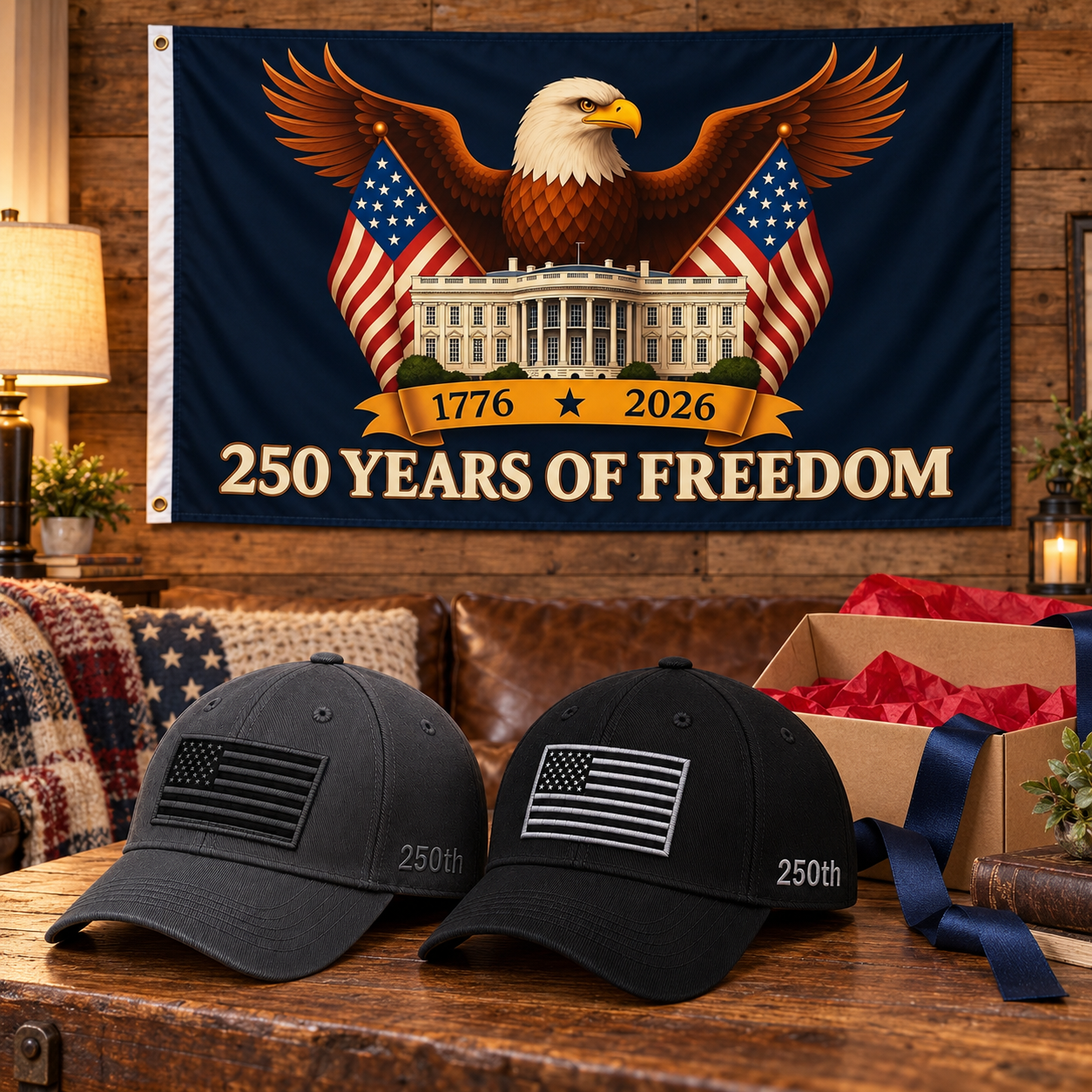 America 250th Flag Cap gift set lifestyle: Gray & Black hats with 3x5 Eagle & White House Flag