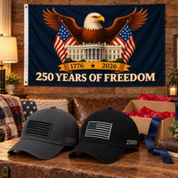 America 250th Flag Cap gift set lifestyle: Gray & Black hats with 3x5 Eagle & White House Flag