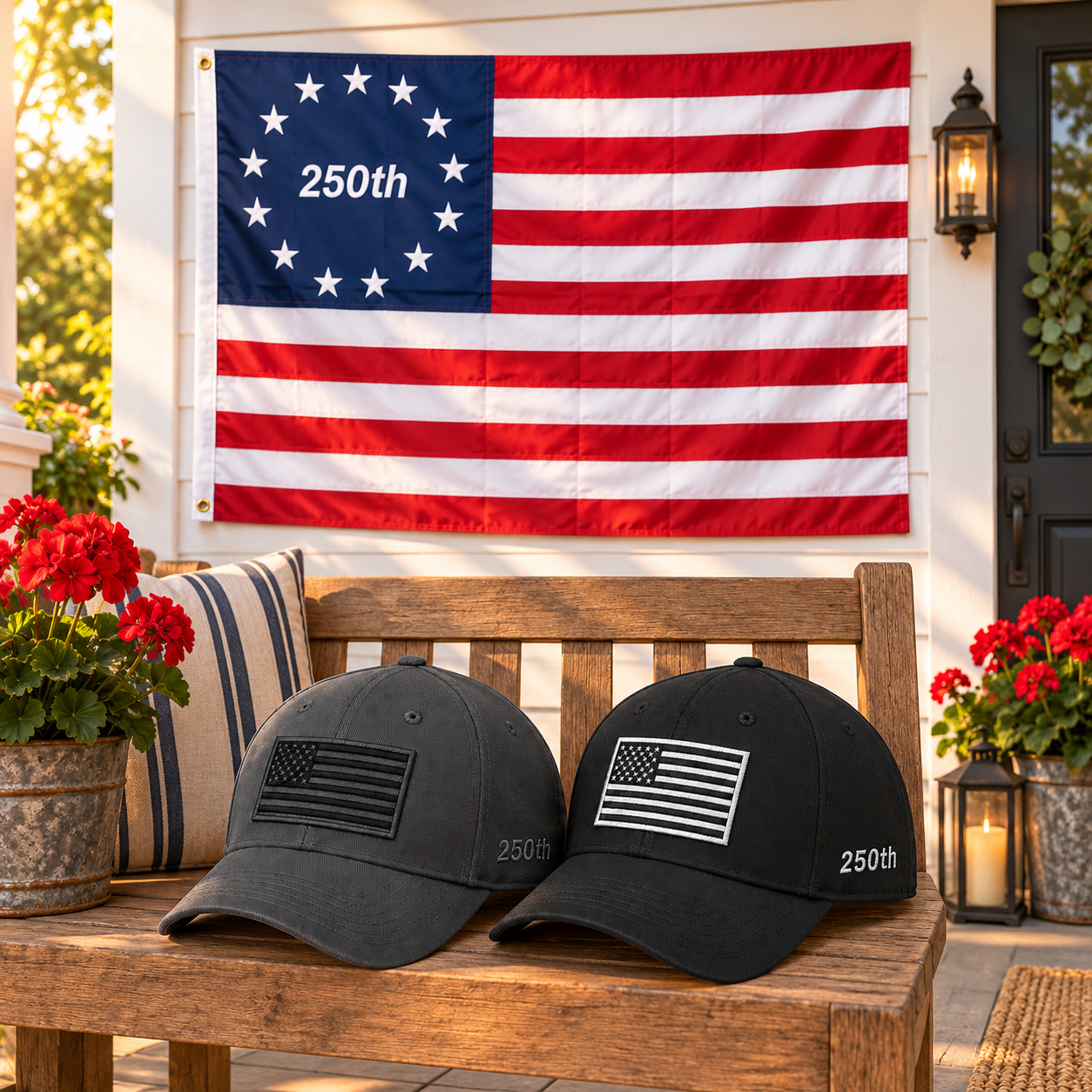 America 250th Flag Cap gift set lifestyle: Gray & Black hats with 3x5 Betsy Ross 250th Flag