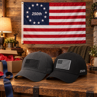 America 250th Flag Cap gift set lifestyle: Gray & Black hats with 3x5 Betsy Ross 250th Flag