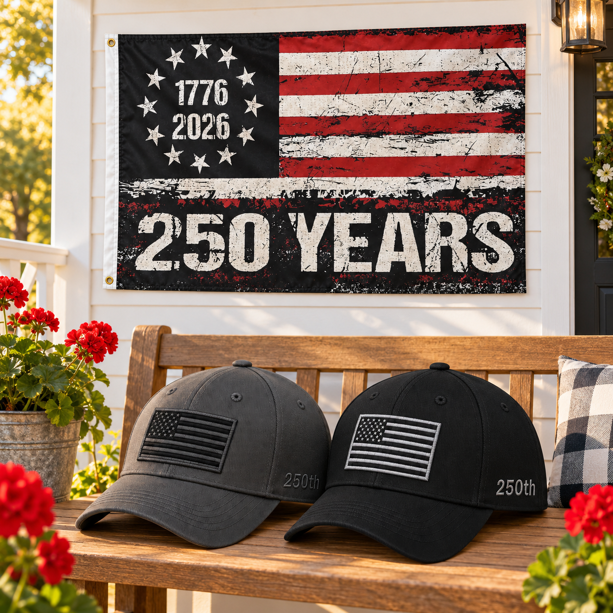 America 250th Flag Cap gift set lifestyle: Gray & Black hats with 3x5 250 Years Distressed Flag