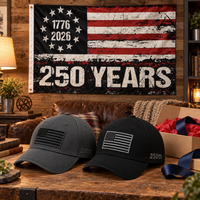 America 250th Flag Cap gift set lifestyle: Gray & Black hats with 3x5 250 Years Distressed Flag