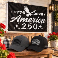 America 250th Flag Cap gift set lifestyle: Gray & Black hats with 3x5 America 250 Script Flag