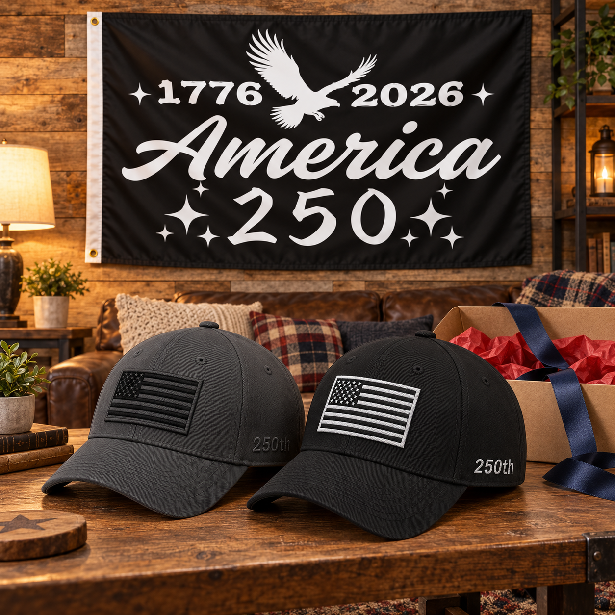 America 250th Flag Cap gift set lifestyle: Gray & Black hats with 3x5 America 250 Script Flag