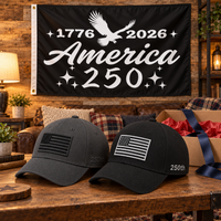 America 250th Flag Cap gift set lifestyle: Gray & Black hats with 3x5 America 250 Script Flag