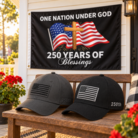 America 250th Flag Cap gift set lifestyle: Gray & Black hats with 3x5 One Nation Under God Flag