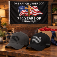 America 250th Flag Cap gift set lifestyle: Gray & Black hats with 3x5 One Nation Under God Flag