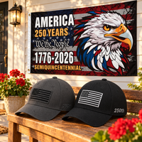 America 250th Flag Cap gift set lifestyle: Gray & Black hats with 3x5 Semiquincentennial Eagle Flag