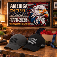 America 250th Flag Cap gift set lifestyle: Gray & Black hats with 3x5 Semiquincentennial Eagle Flag