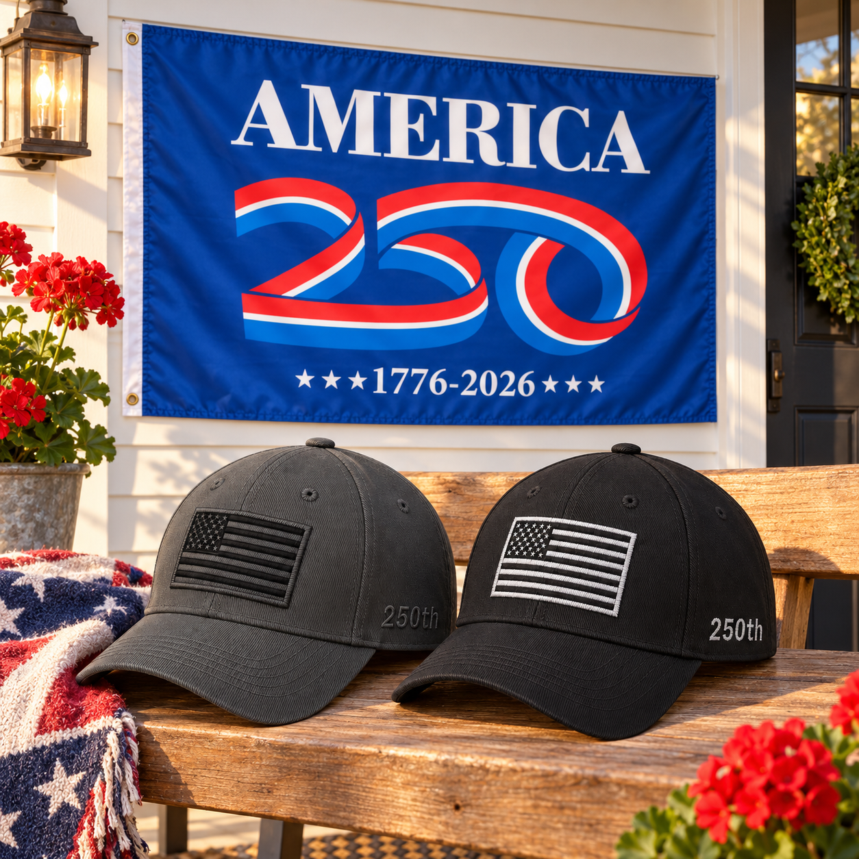 America 250th Flag Cap gift set lifestyle: Gray & Black hats with 3x5 America 250 Flag (Blue)
