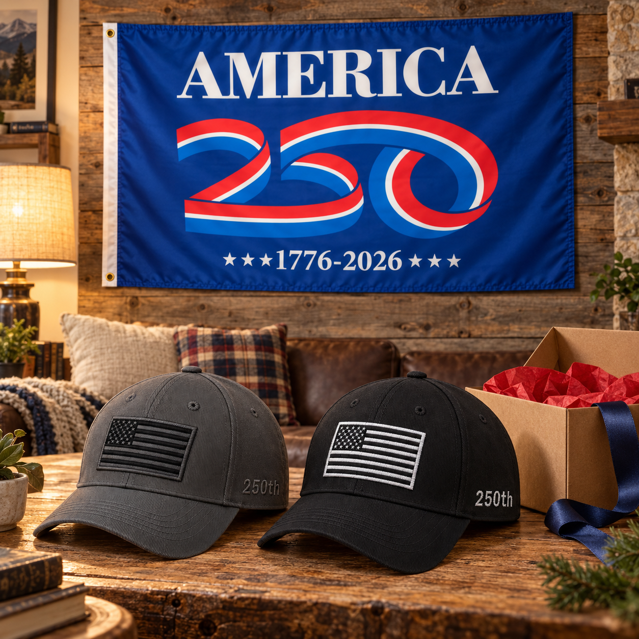 America 250th Flag Cap gift set lifestyle: Gray & Black hats with 3x5 America 250 Flag (Blue)