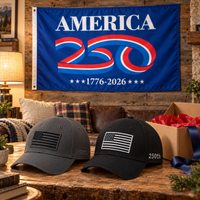 America 250th Flag Cap gift set lifestyle: Gray & Black hats with 3x5 America 250 Flag (Blue)