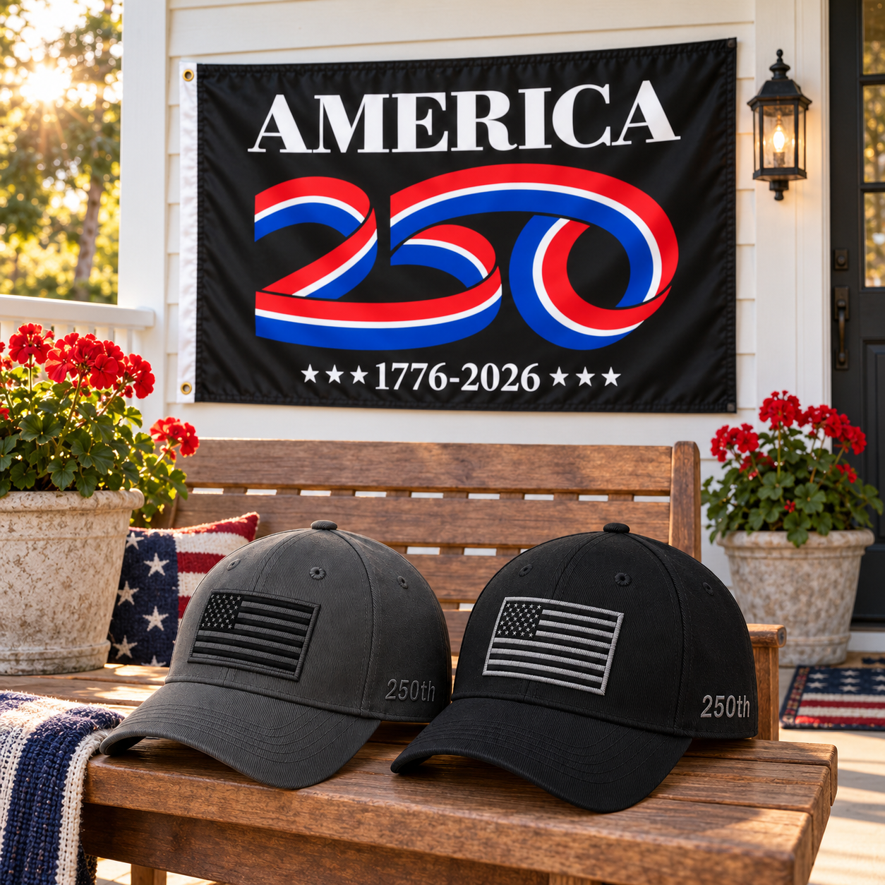 America 250th Flag Cap gift set lifestyle: Gray & Black hats with 3x5 America 250 Flag (Black)