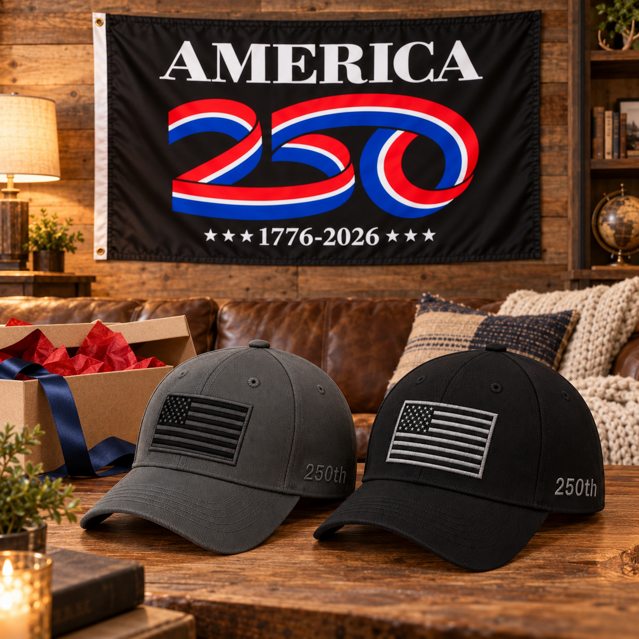 America 250th Flag Cap gift set lifestyle: Gray & Black hats with 3x5 America 250 Flag (Black)