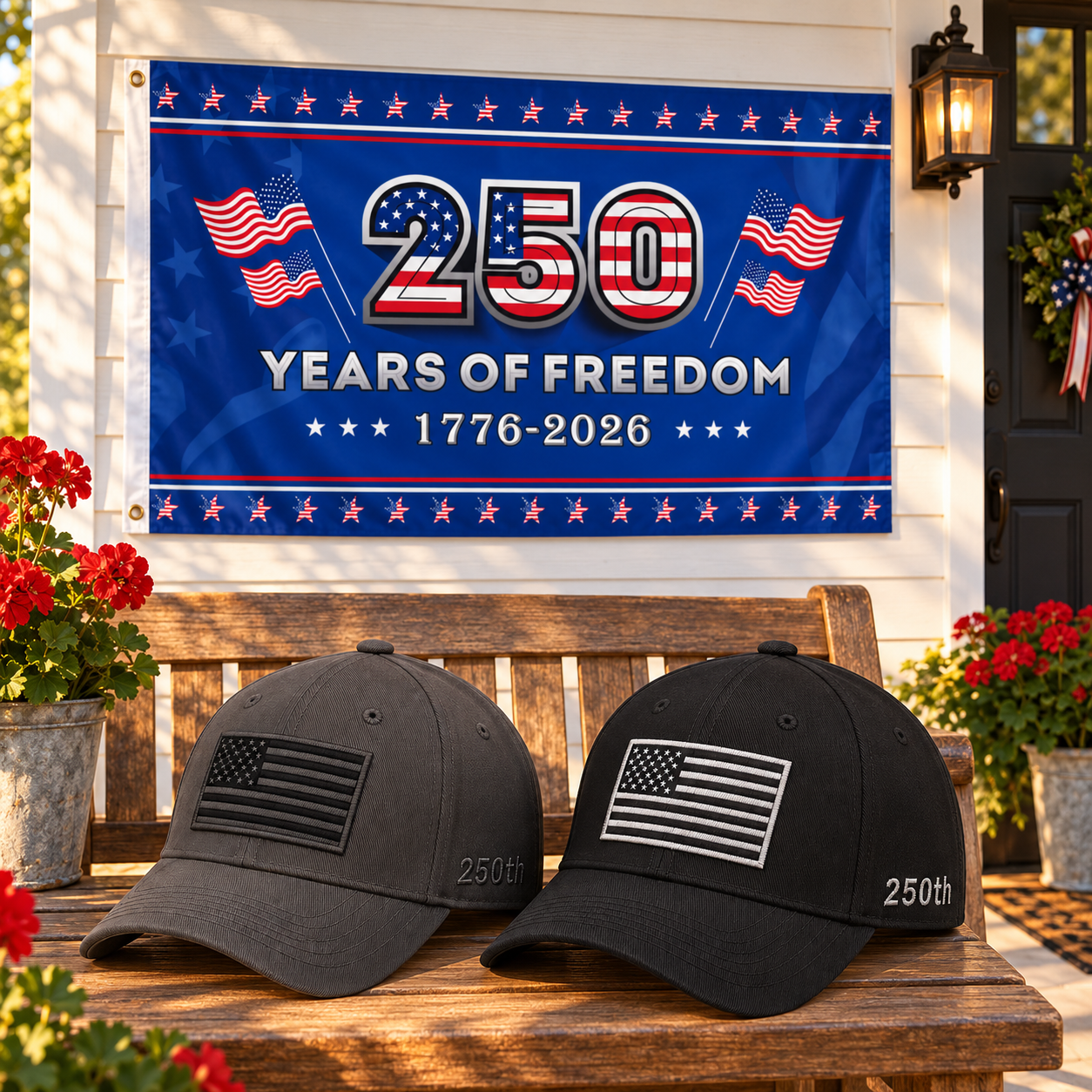America 250th Flag Cap gift set lifestyle: Gray & Black hats with 3x5 250 Years of Freedom Flag (Blue)