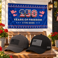 America 250th Flag Cap gift set lifestyle: Gray & Black hats with 3x5 250 Years of Freedom Flag (Blue)