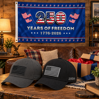 America 250th Flag Cap gift set lifestyle: Gray & Black hats with 3x5 250 Years of Freedom Flag (Blue)