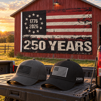 America 250th Flag Cap gift set lifestyle: Gray & Black hats with HUGE 6x10 250 Years Distressed Flag