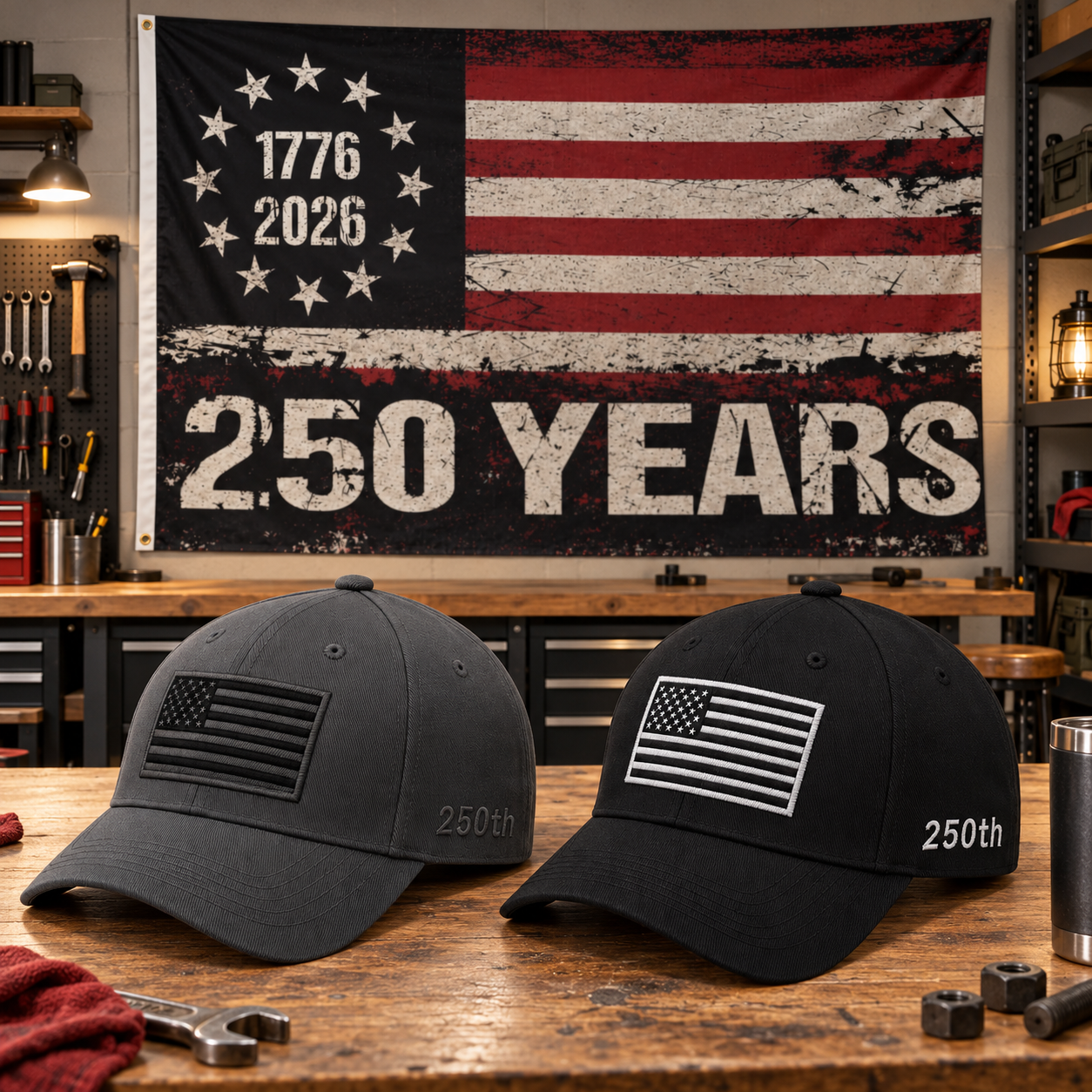America 250th Flag Cap gift set lifestyle: Gray & Black hats with HUGE 6x10 250 Years Distressed Flag