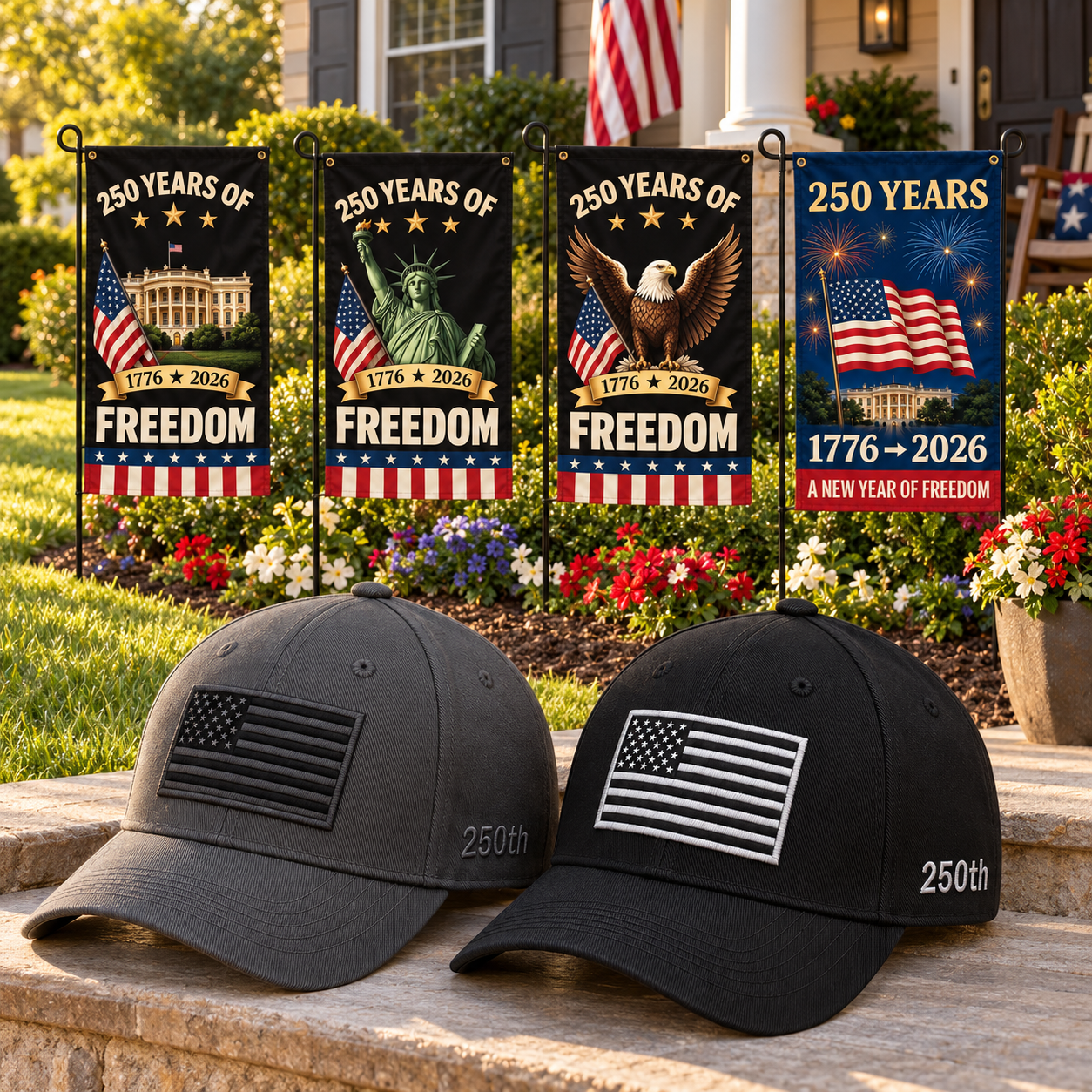 America 250th Flag Cap gift set lifestyle: Gray & Black hats with 4 Garden Flags (250 Years of Freedom Set)