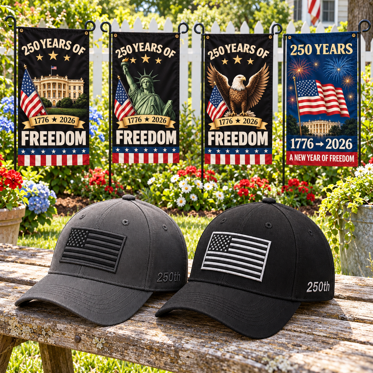 America 250th Flag Cap gift set lifestyle: Gray & Black hats with 4 Garden Flags (250 Years of Freedom Set)
