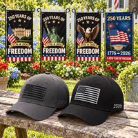 America 250th Flag Cap gift set lifestyle: Gray & Black hats with 4 Garden Flags (250 Years of Freedom Set)