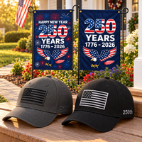 America 250th Flag Cap gift set lifestyle: Gray & Black hats with 2 Garden Flags (250 Years Set)
