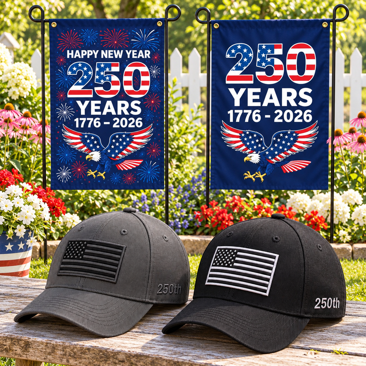America 250th Flag Cap gift set lifestyle: Gray & Black hats with 2 Garden Flags (250 Years Set)