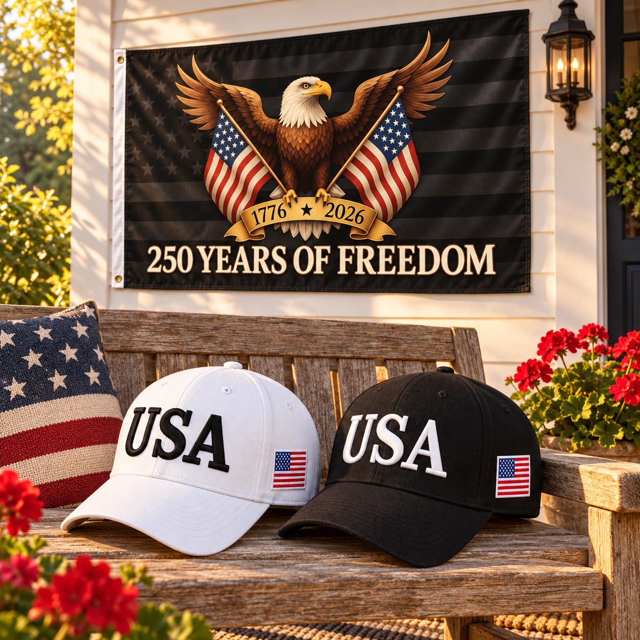 USA 250th Anniversary Cap gift set lifestyle: White & Black hats with 3x5 Black Eagle 250 Years of Freedom Flag