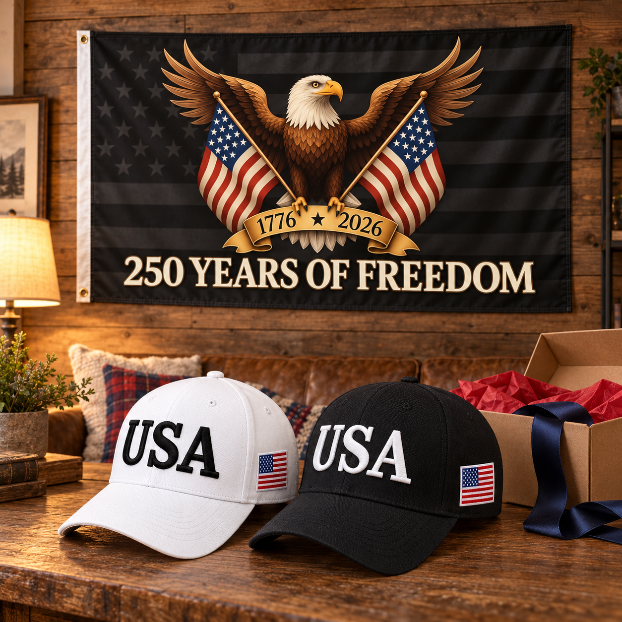 USA 250th Anniversary Cap gift set lifestyle: White & Black hats with 3x5 Black Eagle 250 Years of Freedom Flag
