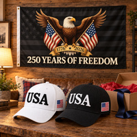 USA 250th Anniversary Cap gift set lifestyle: White & Black hats with 3x5 Black Eagle 250 Years of Freedom Flag