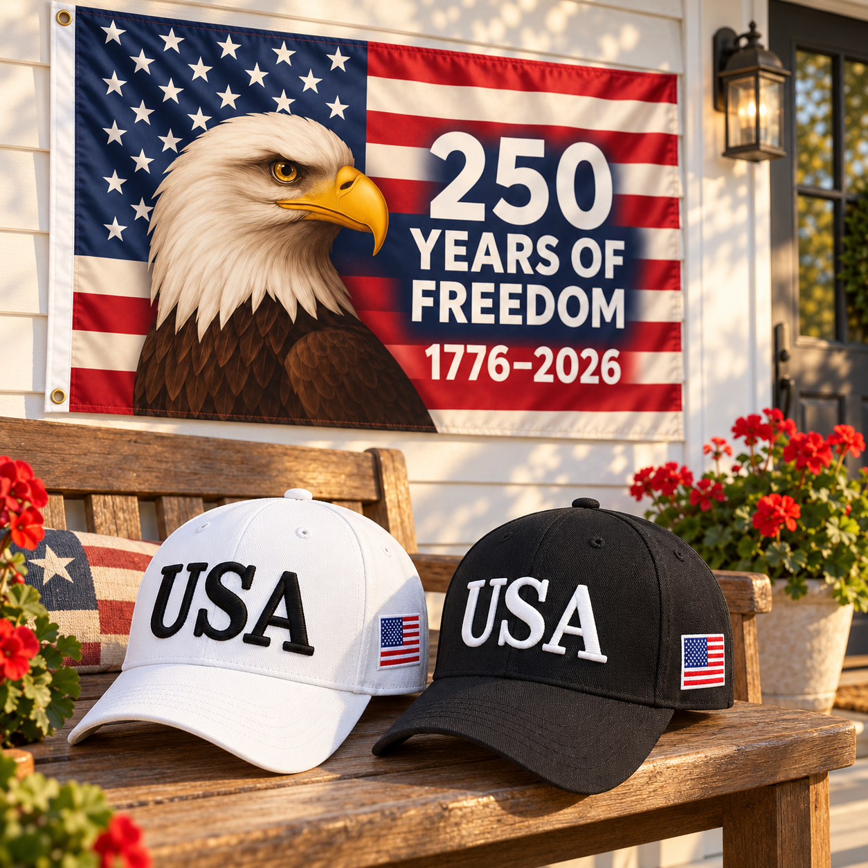 USA 250th Anniversary Cap gift set lifestyle: White & Black hats with 3x5 Eagle 250 Years of Freedom Flag