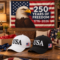 USA 250th Anniversary Cap gift set lifestyle: White & Black hats with 3x5 Eagle 250 Years of Freedom Flag