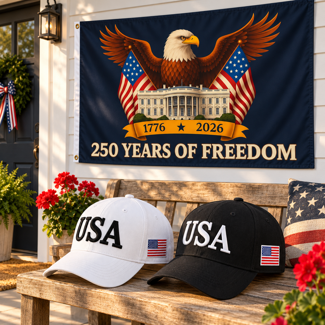 USA 250th Anniversary Cap gift set lifestyle: White & Black hats with 3x5 Eagle & White House Flag