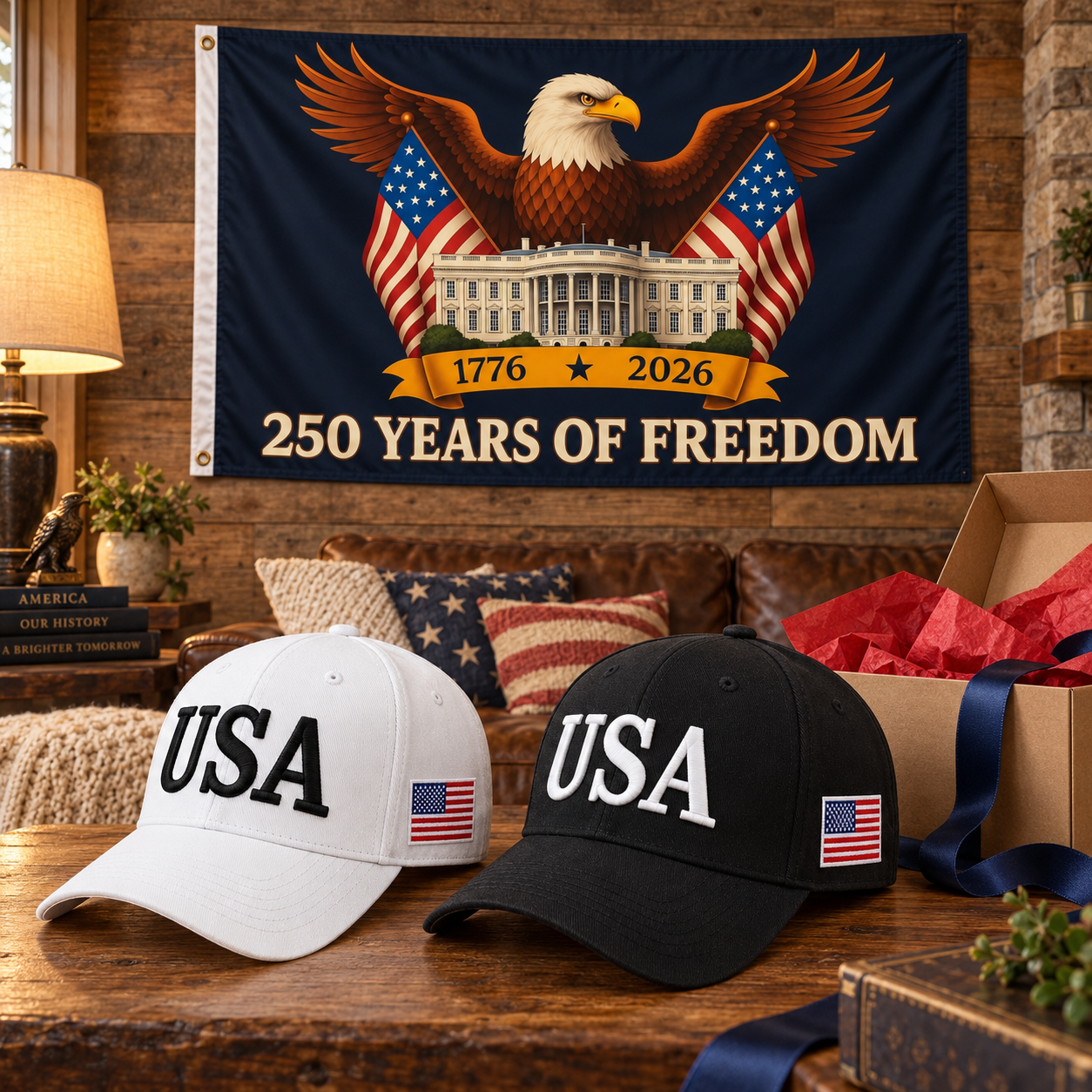 USA 250th Anniversary Cap gift set lifestyle: White & Black hats with 3x5 Eagle & White House Flag