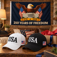 USA 250th Anniversary Cap gift set lifestyle: White & Black hats with 3x5 Eagle & White House Flag