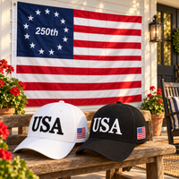 USA 250th Anniversary Cap gift set lifestyle: White & Black hats with 3x5 Betsy Ross 250th Flag