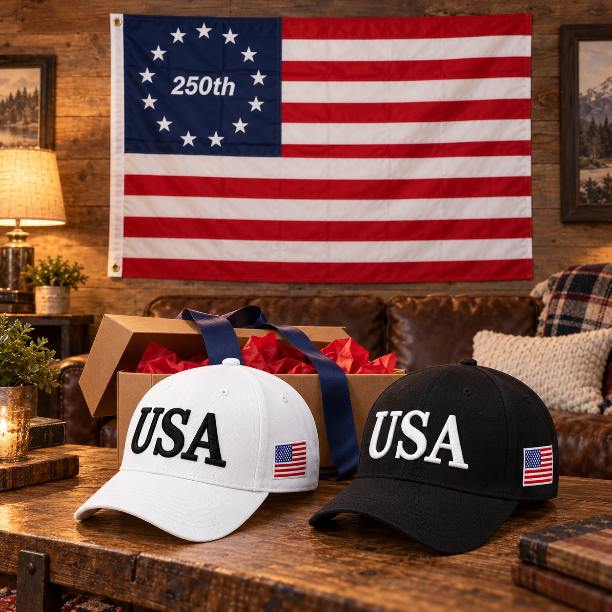 USA 250th Anniversary Cap gift set lifestyle: White & Black hats with 3x5 Betsy Ross 250th Flag